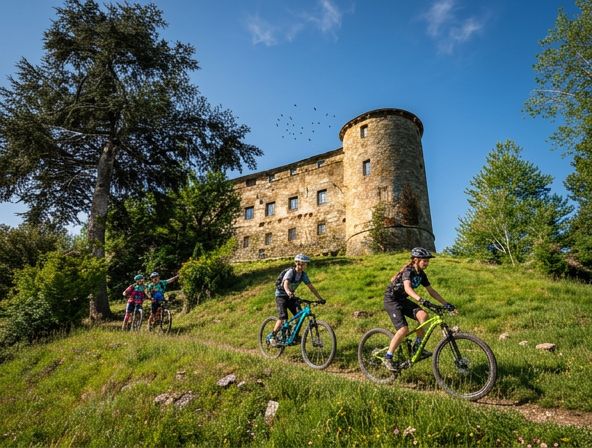 Due ciclisti in mountain bike su un prato sotto un castello con torre rotonda